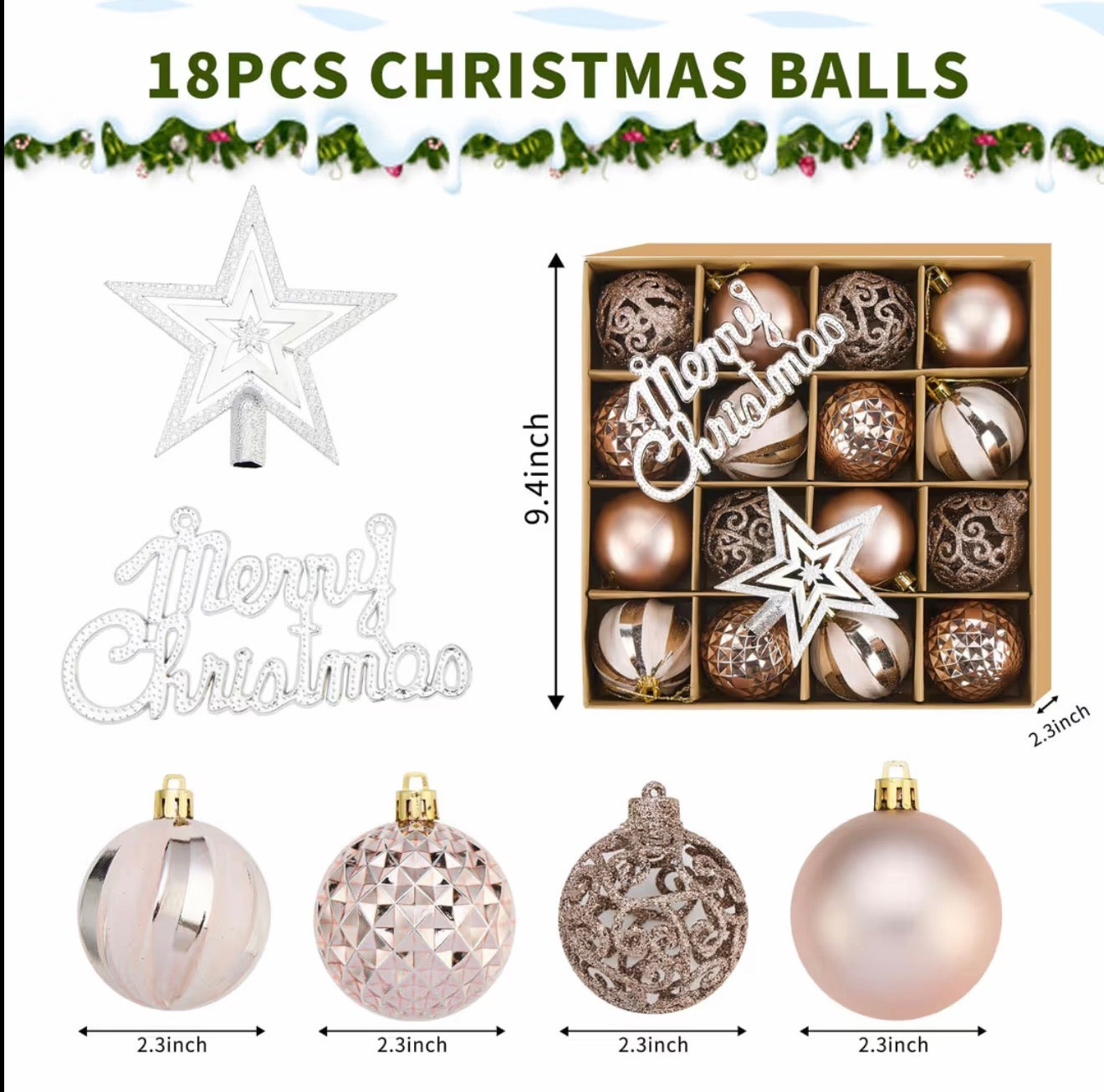 Christmas tree bauble set - 18 piece rose gold.