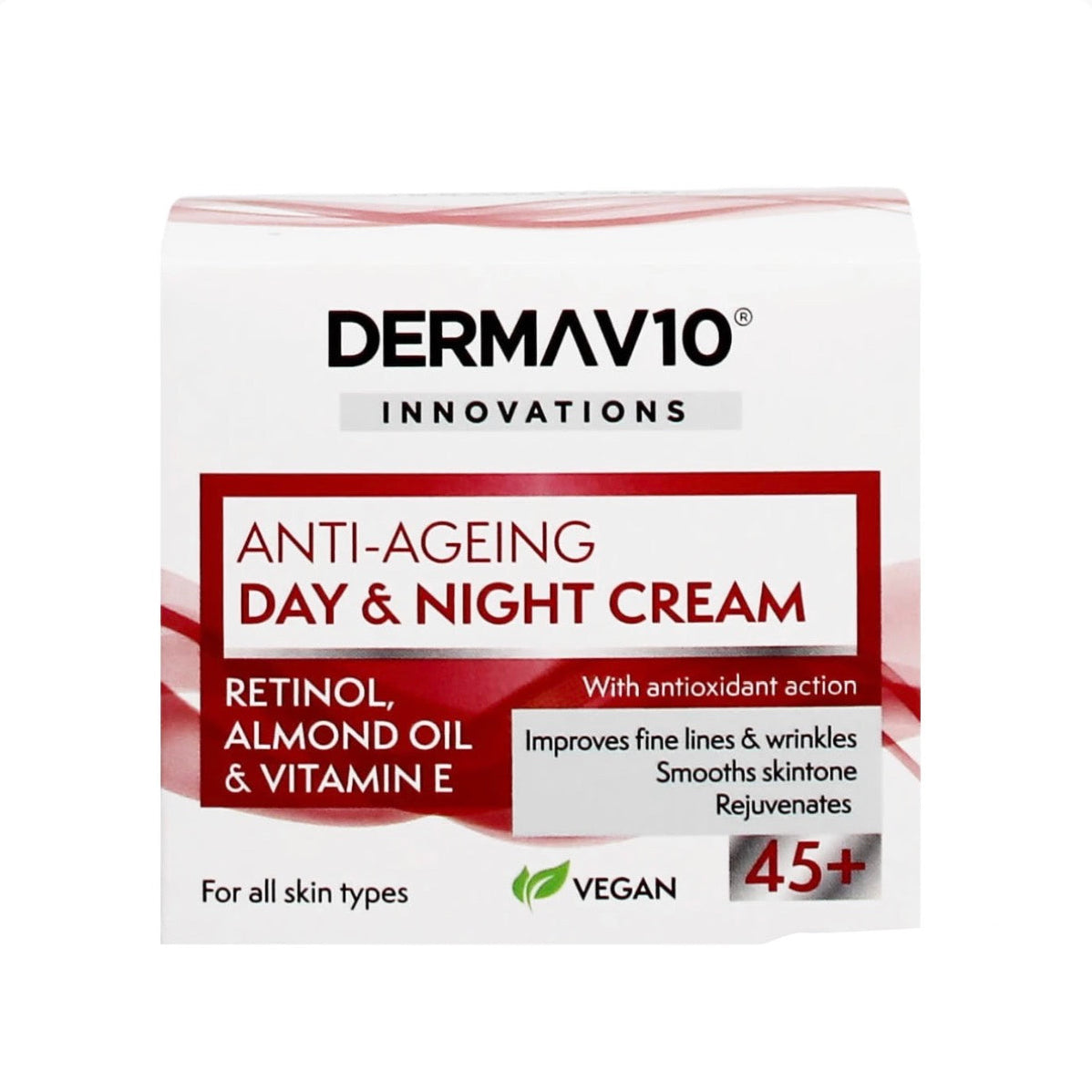 A box of DERMAV10 Innovations Anti-Ageing Day & Night Cream, featuring a white and red design with text detailing its retinol, almond oil, and vitamin E ingredients.