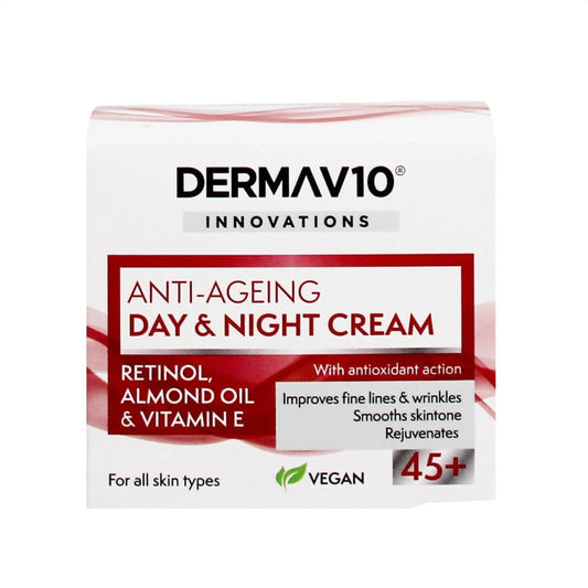 A box of DERMAV10 Innovations Anti-Ageing Day & Night Cream, featuring a white and red design with text detailing its retinol, almond oil, and vitamin E ingredients.