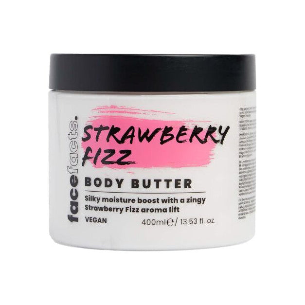 A white plastic jar of facefacts Strawberry Fizz Body Butter with a black lid, set against a plain white background.