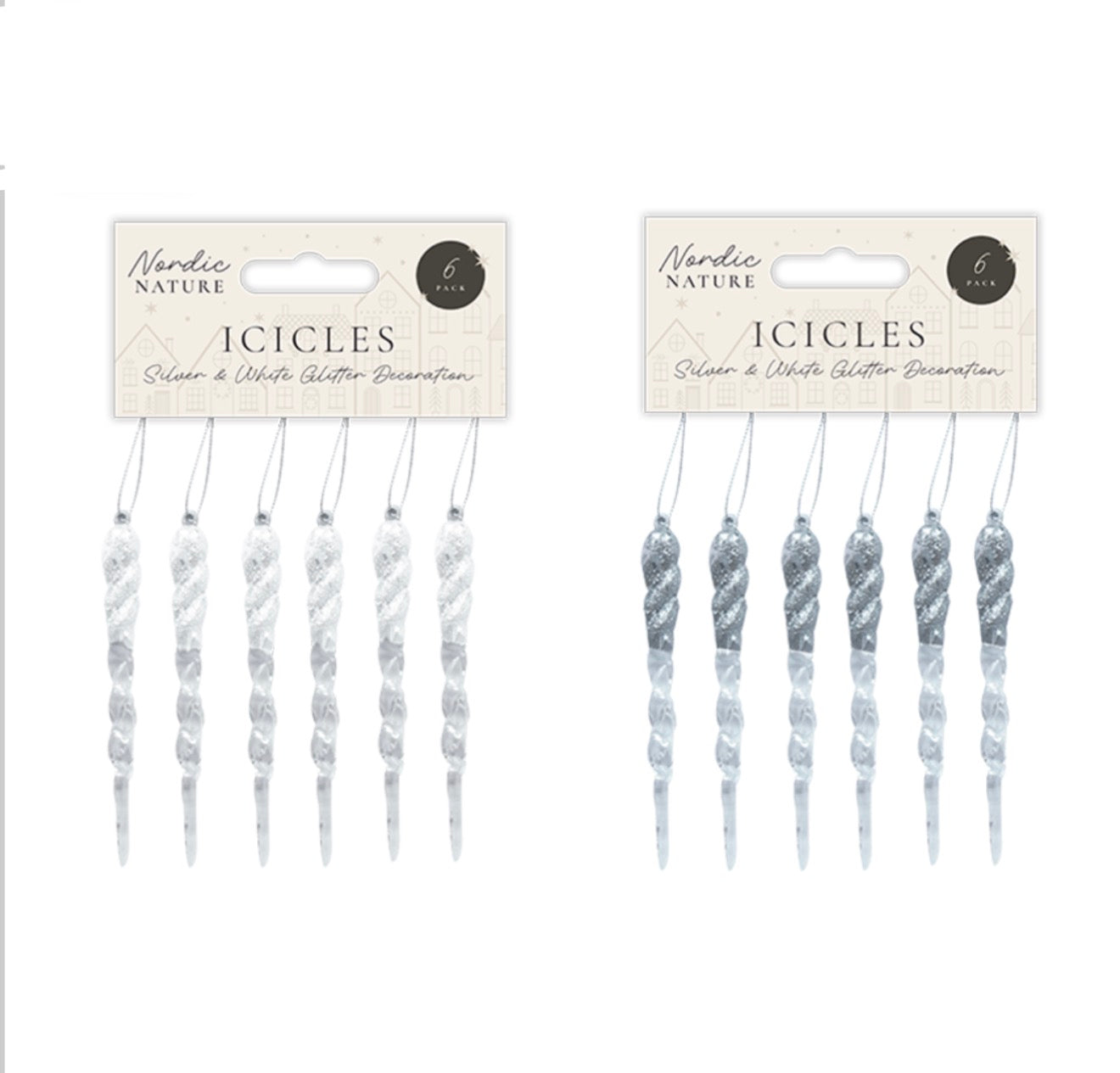 Silver & white acrylic glitter icicles 6 pack