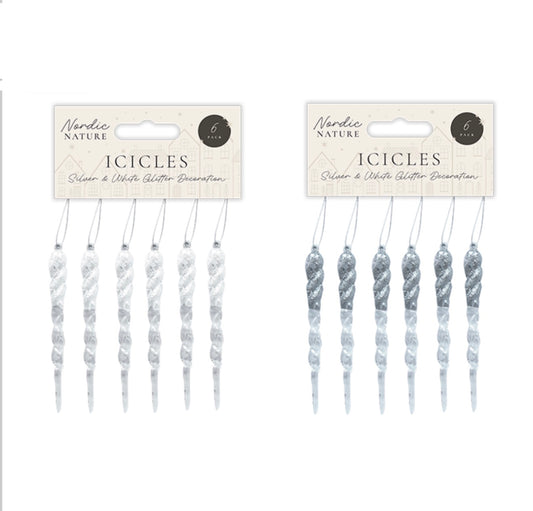 Silver & white acrylic glitter icicles 6 pack