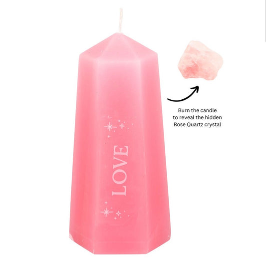 Love crystal candle with rough rose quartz