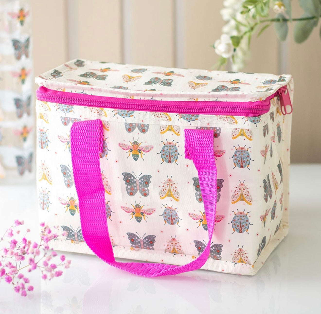 Floral bug print lunch bag