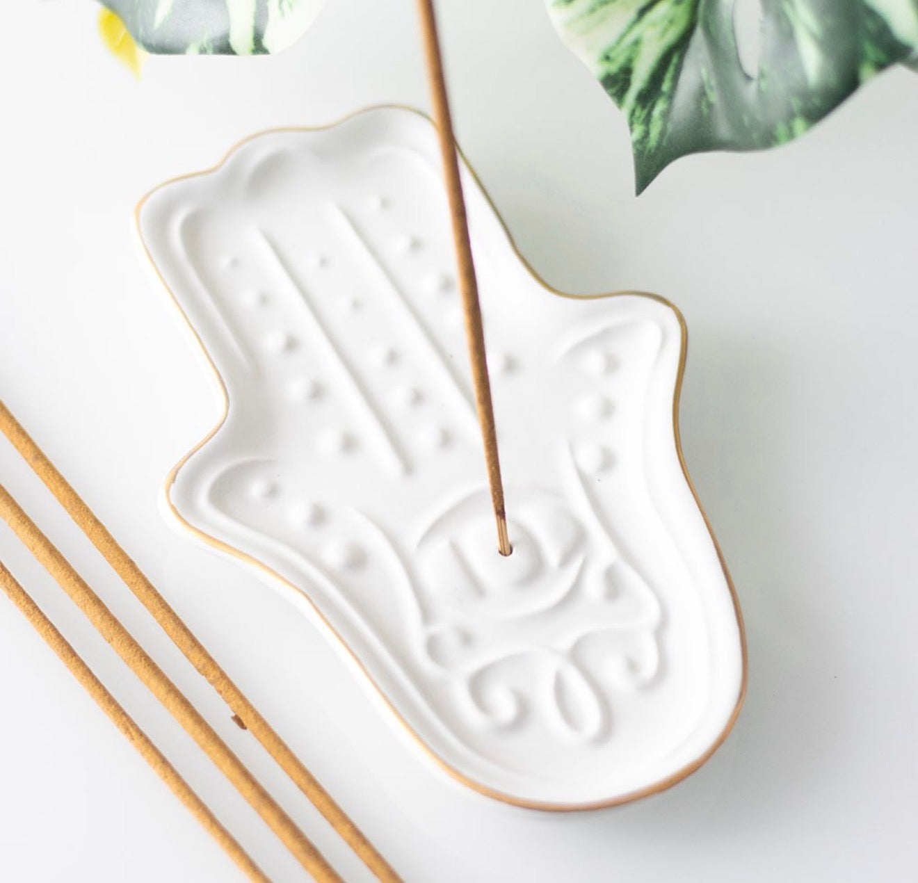 White hamsa hand incense stick holder