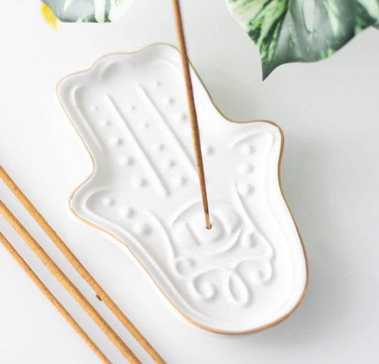 White hamsa hand incense stick holder
