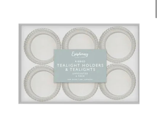 Ribbed tealight holders with tealights 6 pack