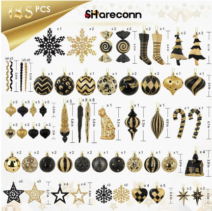 Luxury Christmas bauble set - 145 piece black/gold