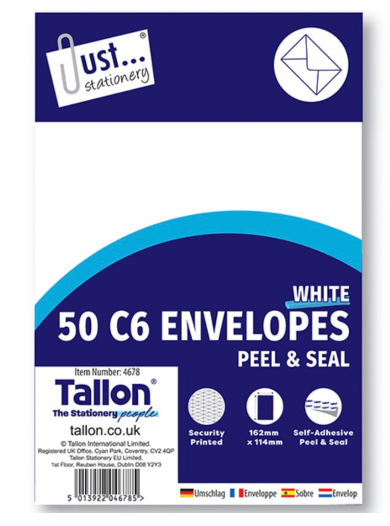C6 white peel and seal envelopes 50 pack