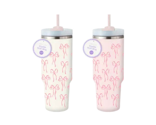 Bow print double wall cup with straw 650ml
