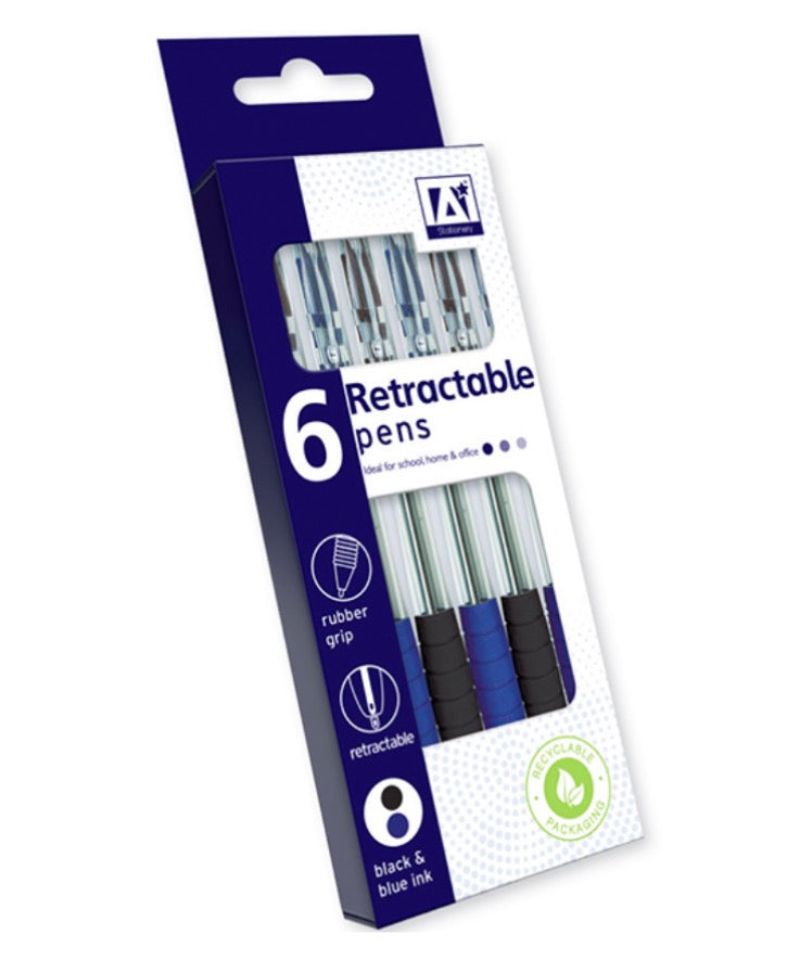 Black and blue retractable pens 6 pack