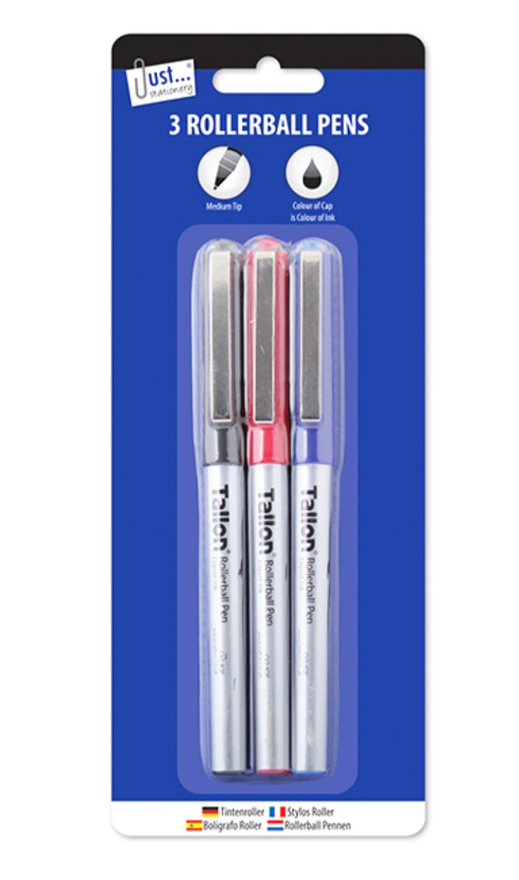 Assorted colour rollerball pens 3 pack