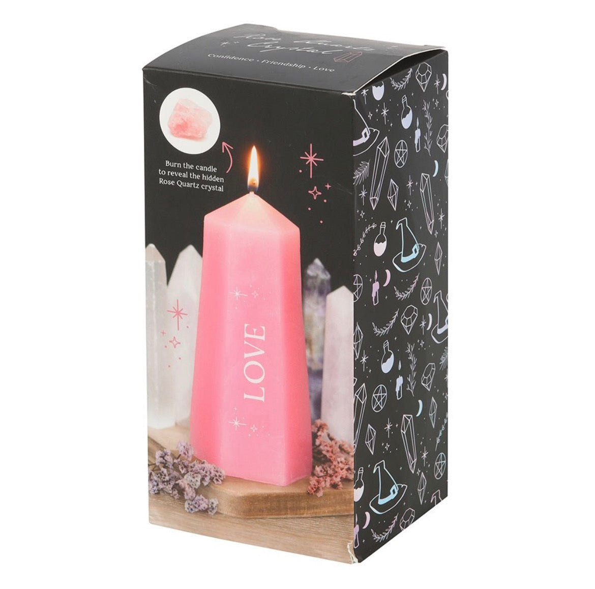 Love crystal candle with rough rose quartz