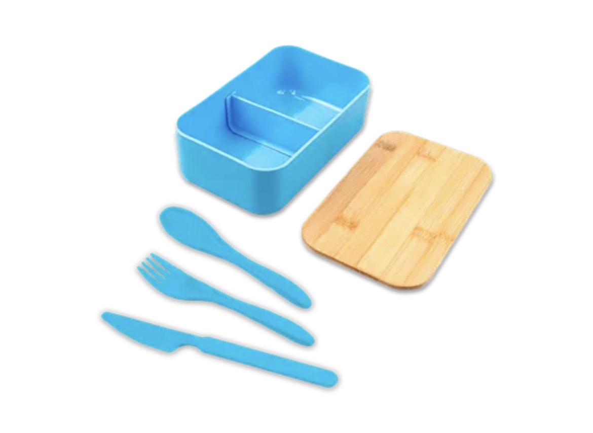 Lunch box with bamboo lid & cutlery set