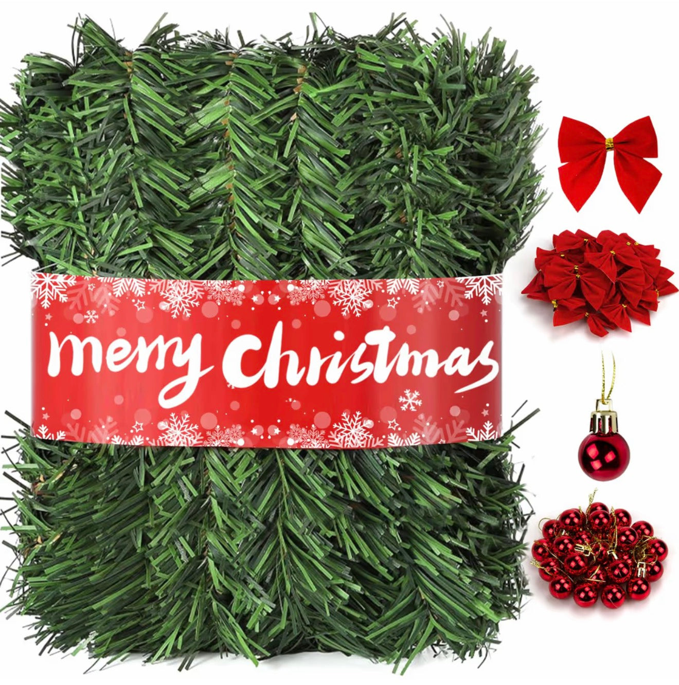 72ft garland with bows and baubles.