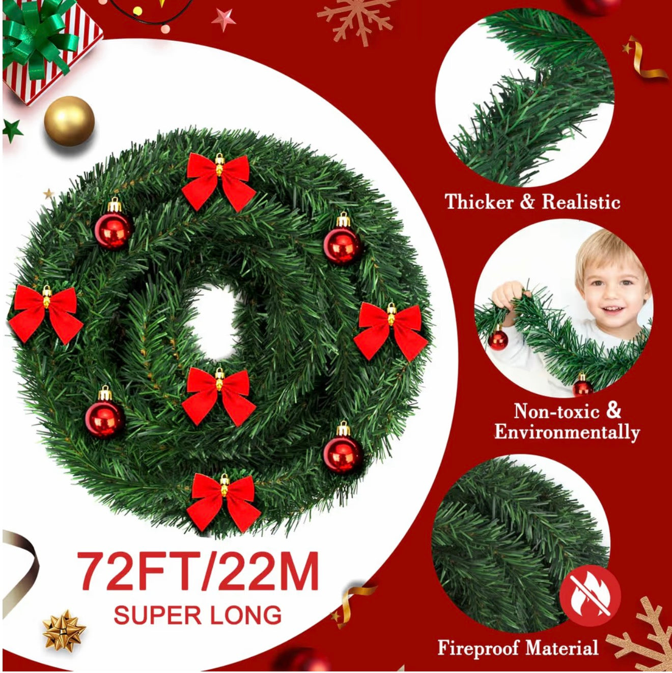 72ft garland with bows and baubles.