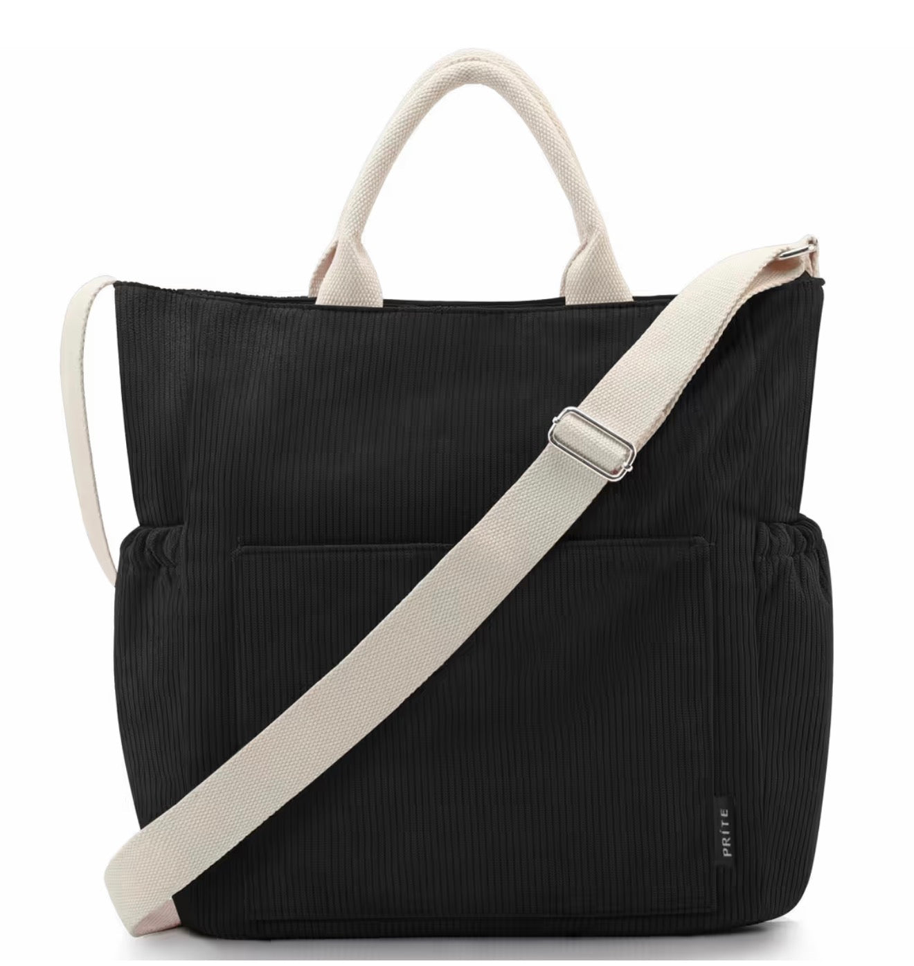 Large black corduroy zipped tote bag.