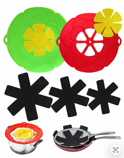 2-Piece silicone boil over spill stopper lid set with 3 pan protectors