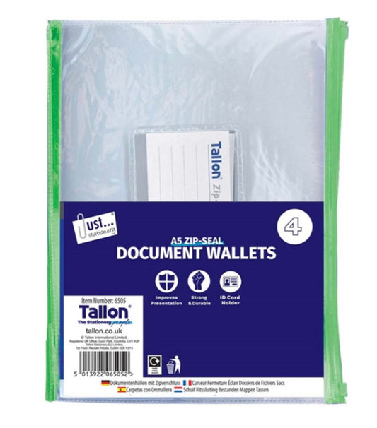 A5 zip-seal document wallets 4 pack