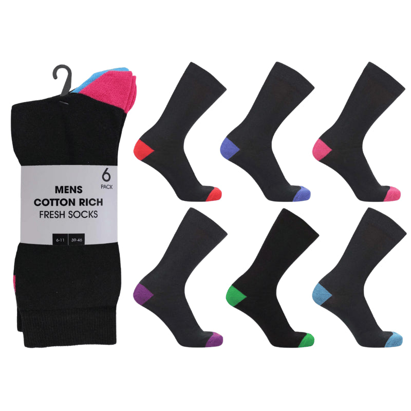 Men’s cotton rich socks coloured heel & toe 6 pack