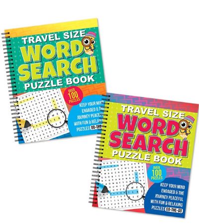 Travel size word search puzzle book spiral bound.