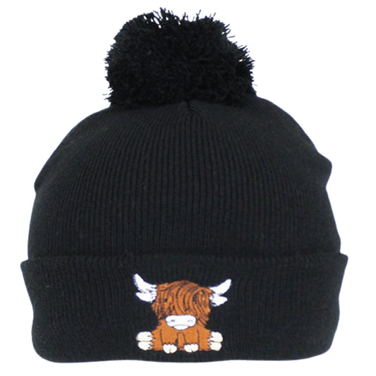 Ladies highland cow fleece lined bobble hat