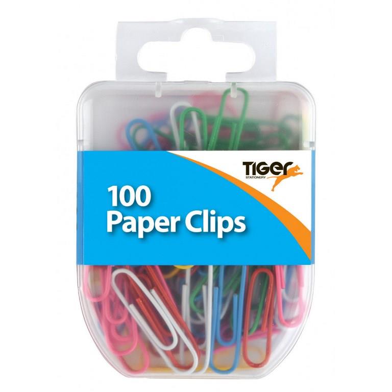 Tiger essential 100 paper clips coloured