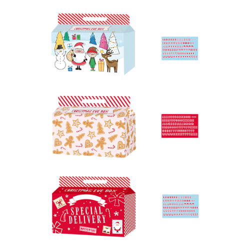 Christmas Eve box with alphabet stickers.