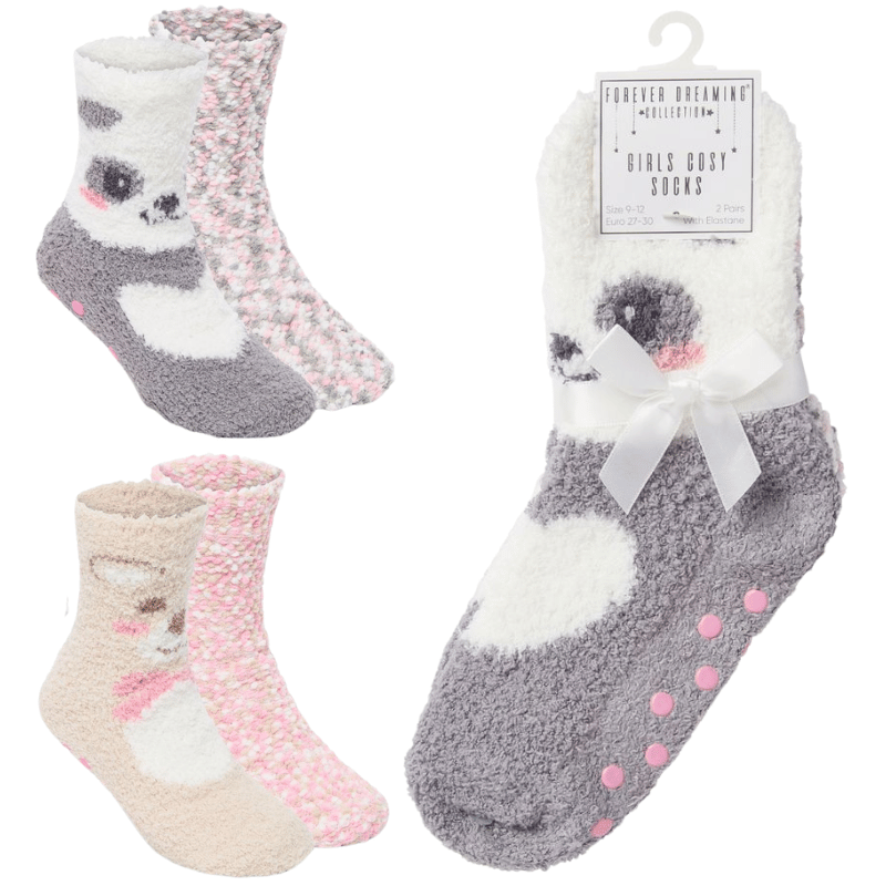 Girls animal design popcorn cosy socks 2 pack.