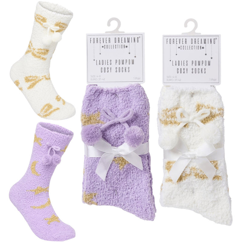 Ladies pom pom cosy socks with grippers.