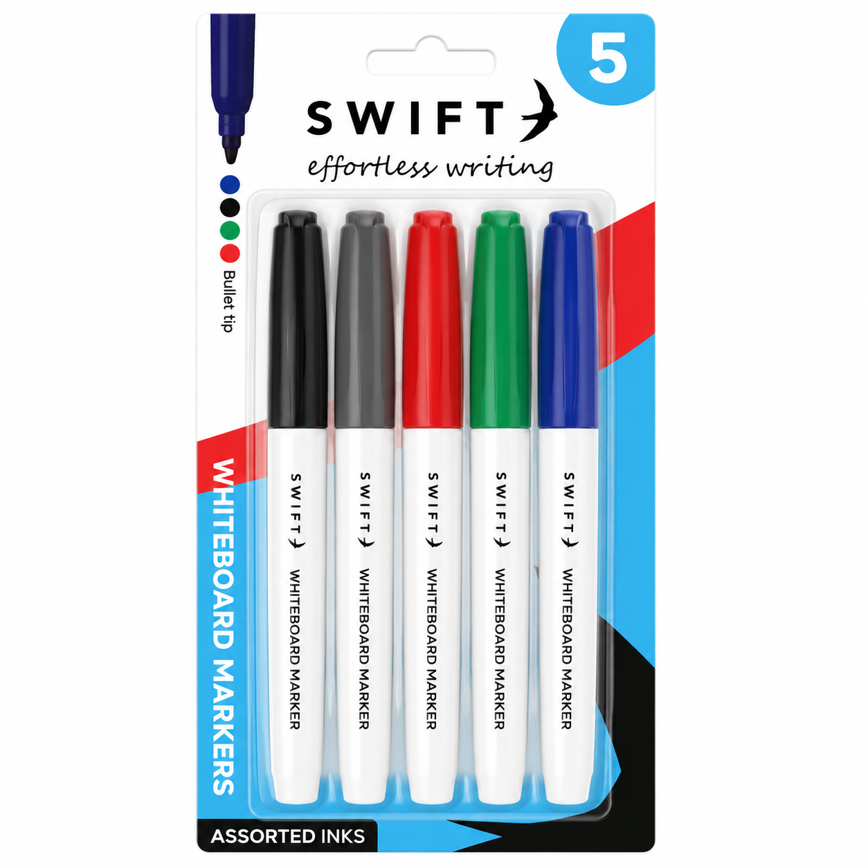 Swift whiteboard markers - 5 pack assorted.