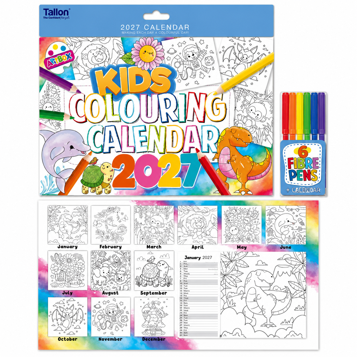 Kids colouring calendar 2027 with 6 fibre pens.
