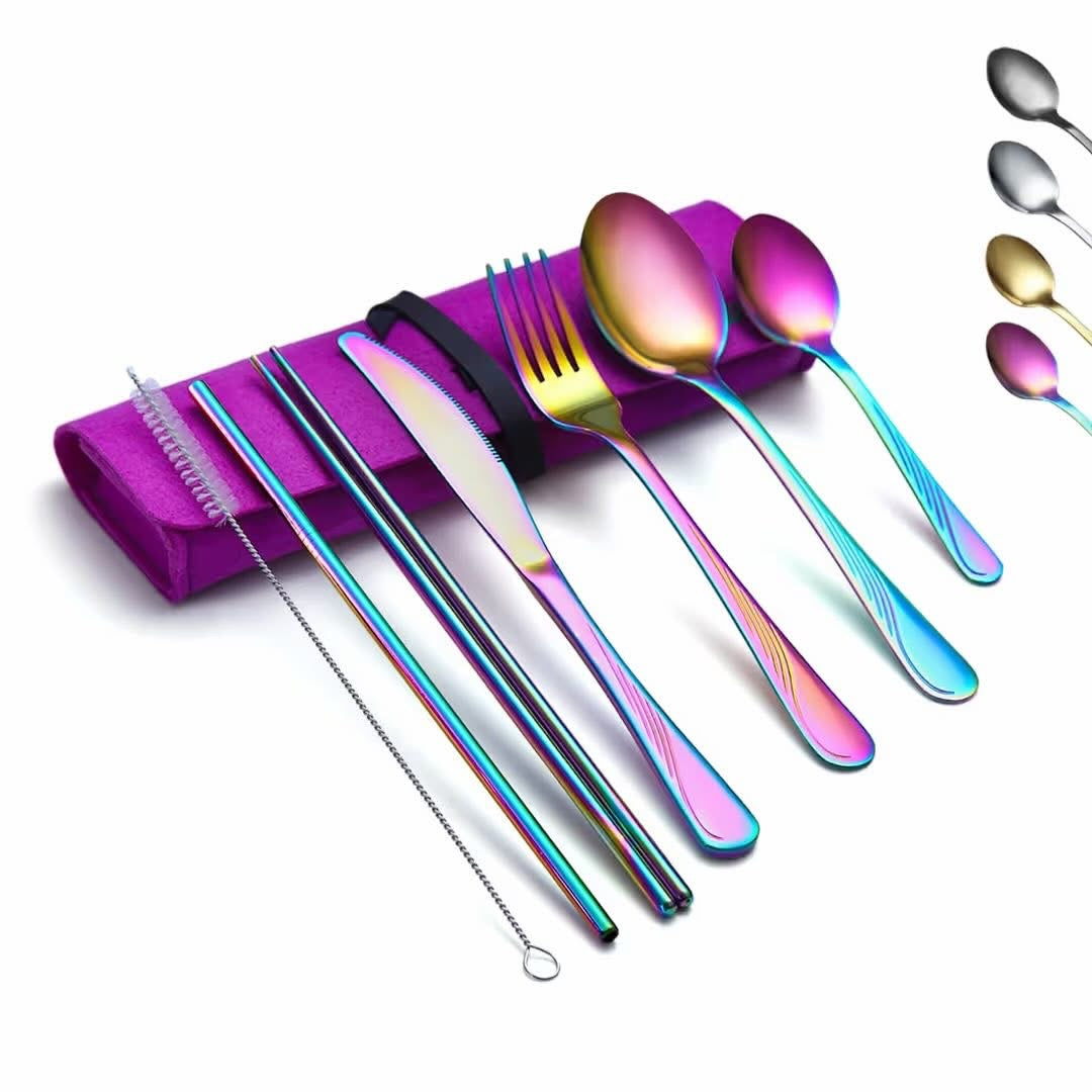 Rainbow stainless steel portable travel cutlery set with case.