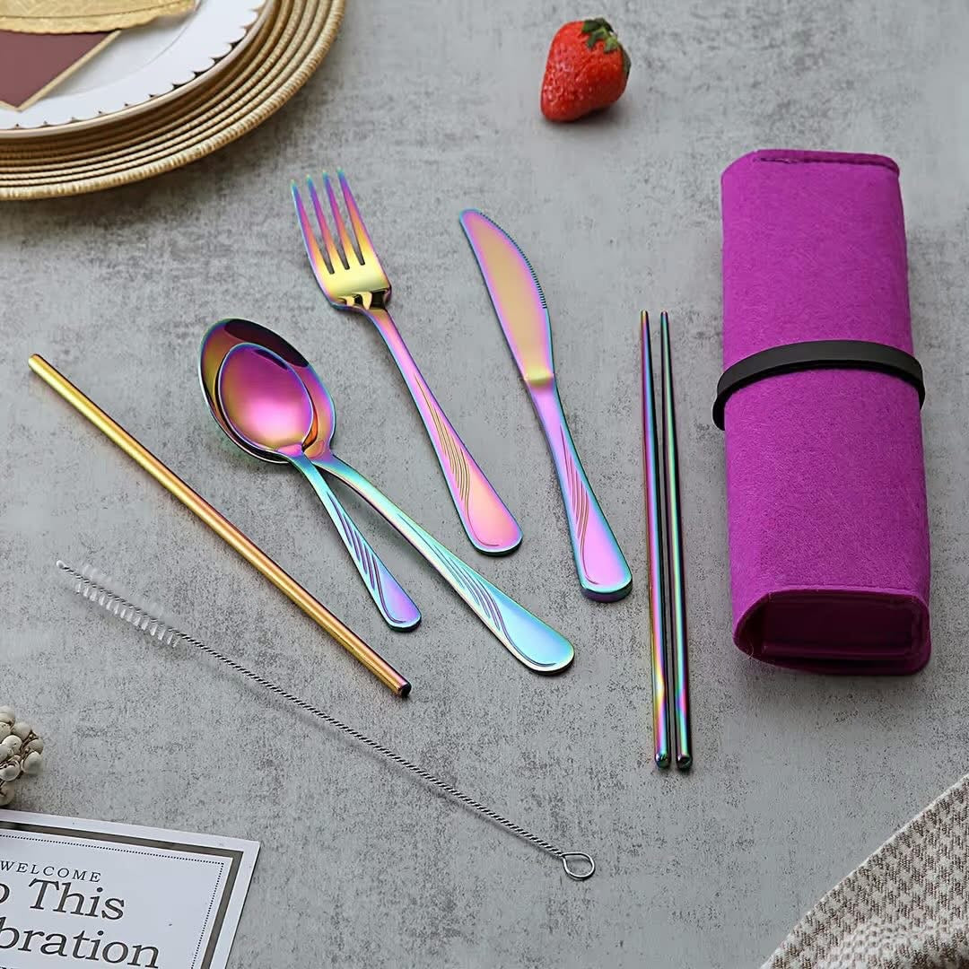 Rainbow stainless steel portable travel cutlery set with case.