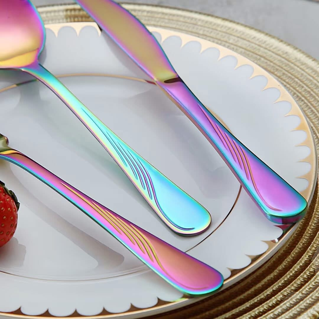 Rainbow stainless steel portable travel cutlery set with case.