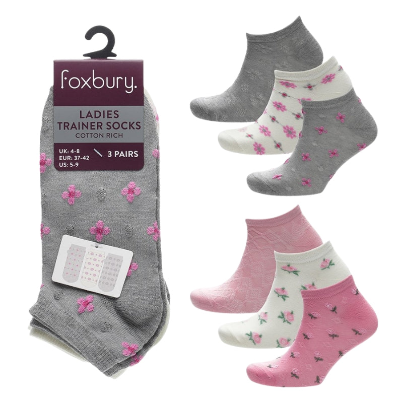Ladies flower design trainer socks - 3 pack