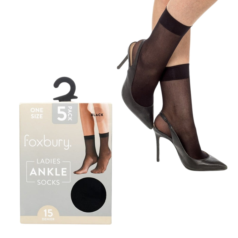 Ladies 15 denier ankle high socks 5 pack - black