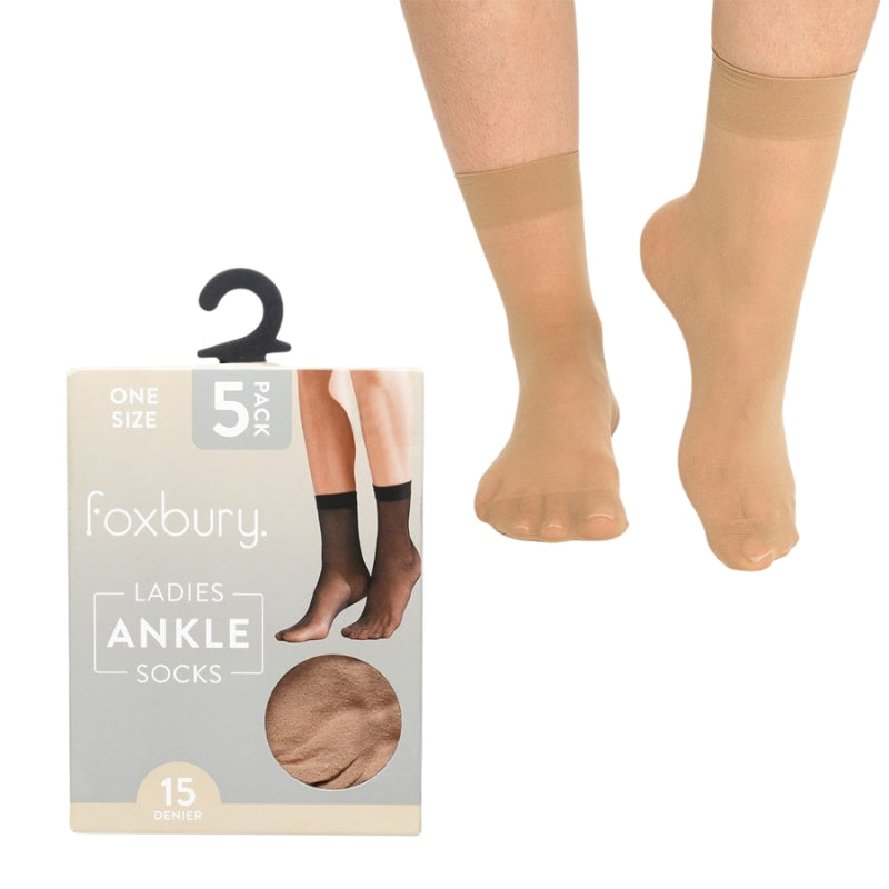 Ladies 15 denier ankle high socks 5 pack - nude