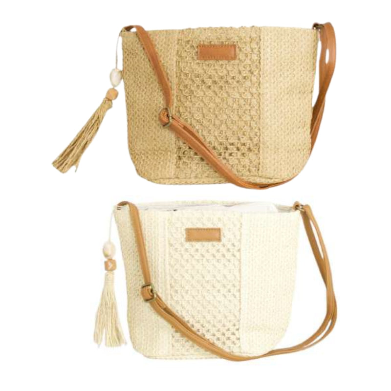 Natural woven straw crossbody bag with plain tassel charm
