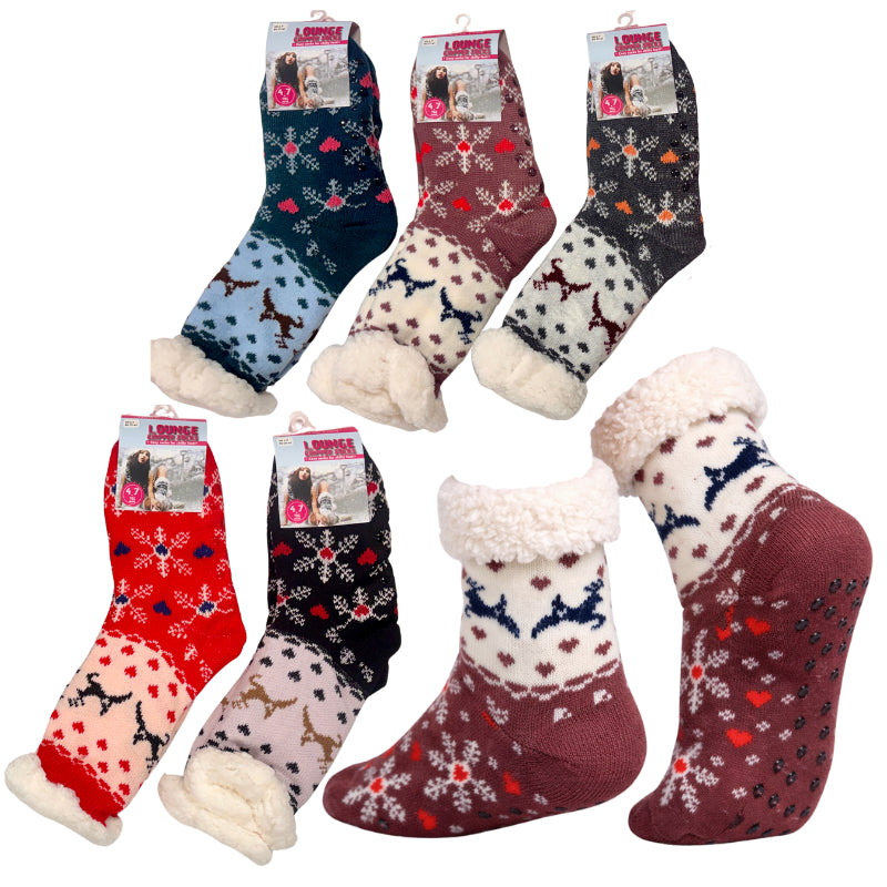 Ladies Christmas cosy sherpa gripper socks - stag heart