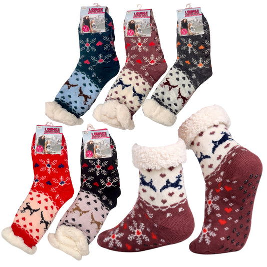 Ladies Christmas cosy sherpa gripper socks - stag heart