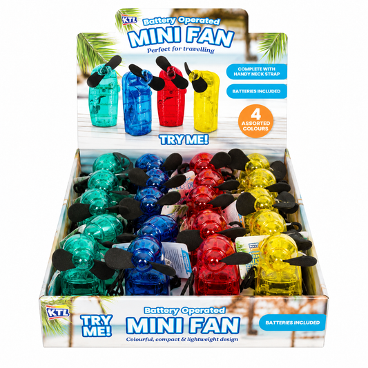 Battery operated mini fan with lanyard.