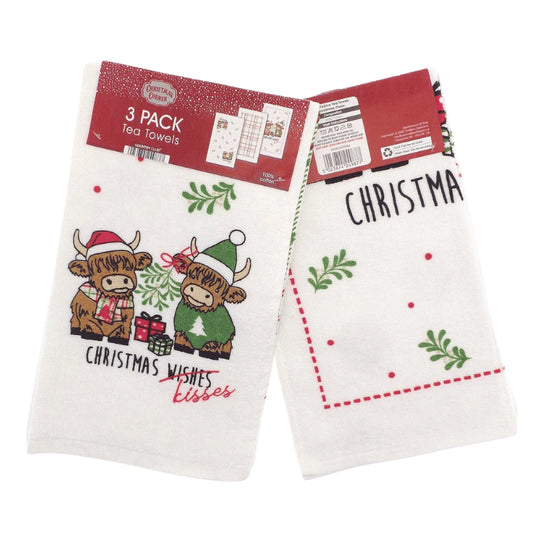 Christmas kisses highland cow tea towels