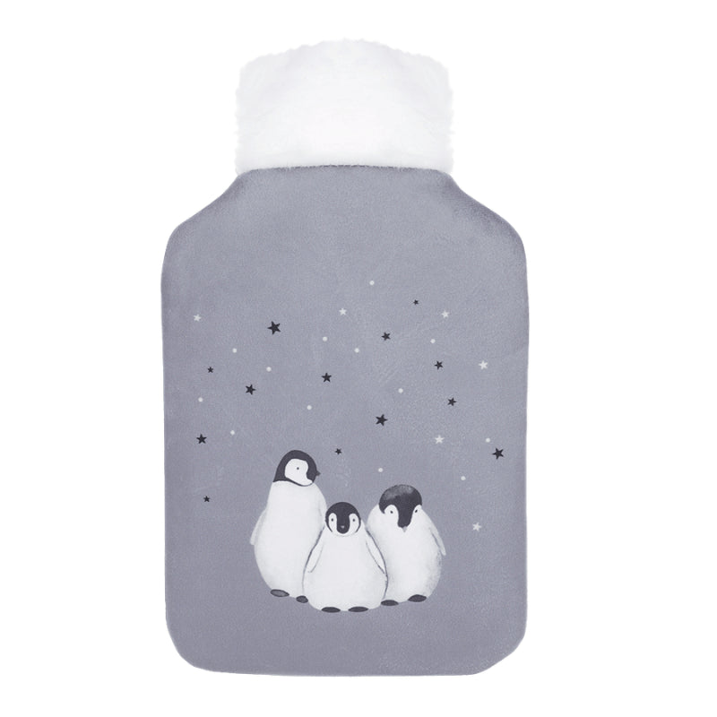 Penguin hot water bottle with plush back.