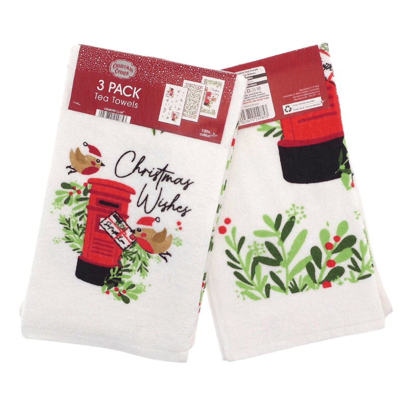 Christmas 100% cotton tea towels 3 pack - robin.
