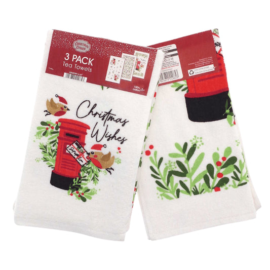Christmas 100% cotton tea towels 3 pack - robin