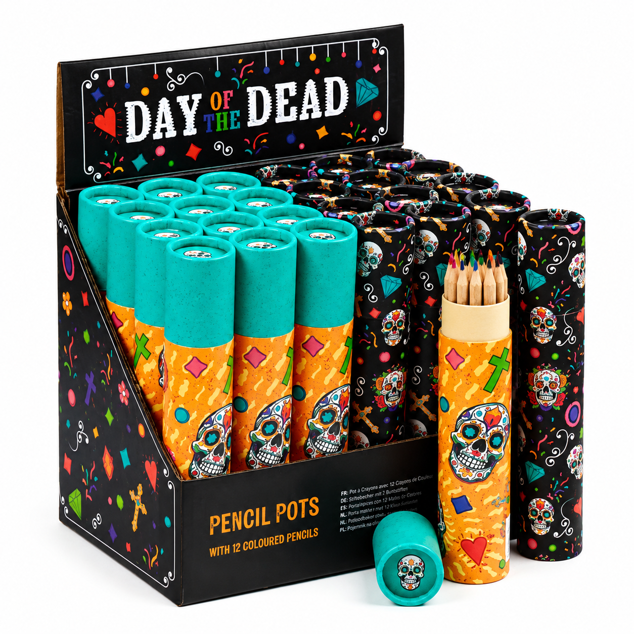 Day of the Dead - large pencil pot with 12 colouring pencils