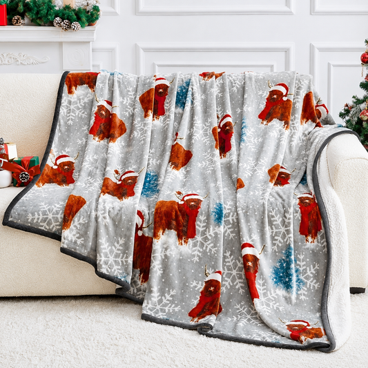 Christmas flannel sherpa throw - winter highland cow 150x230cm