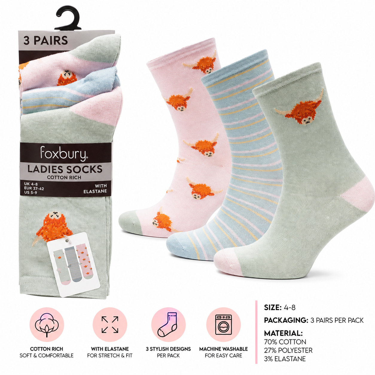 Ladies highland cow socks 3 pack.