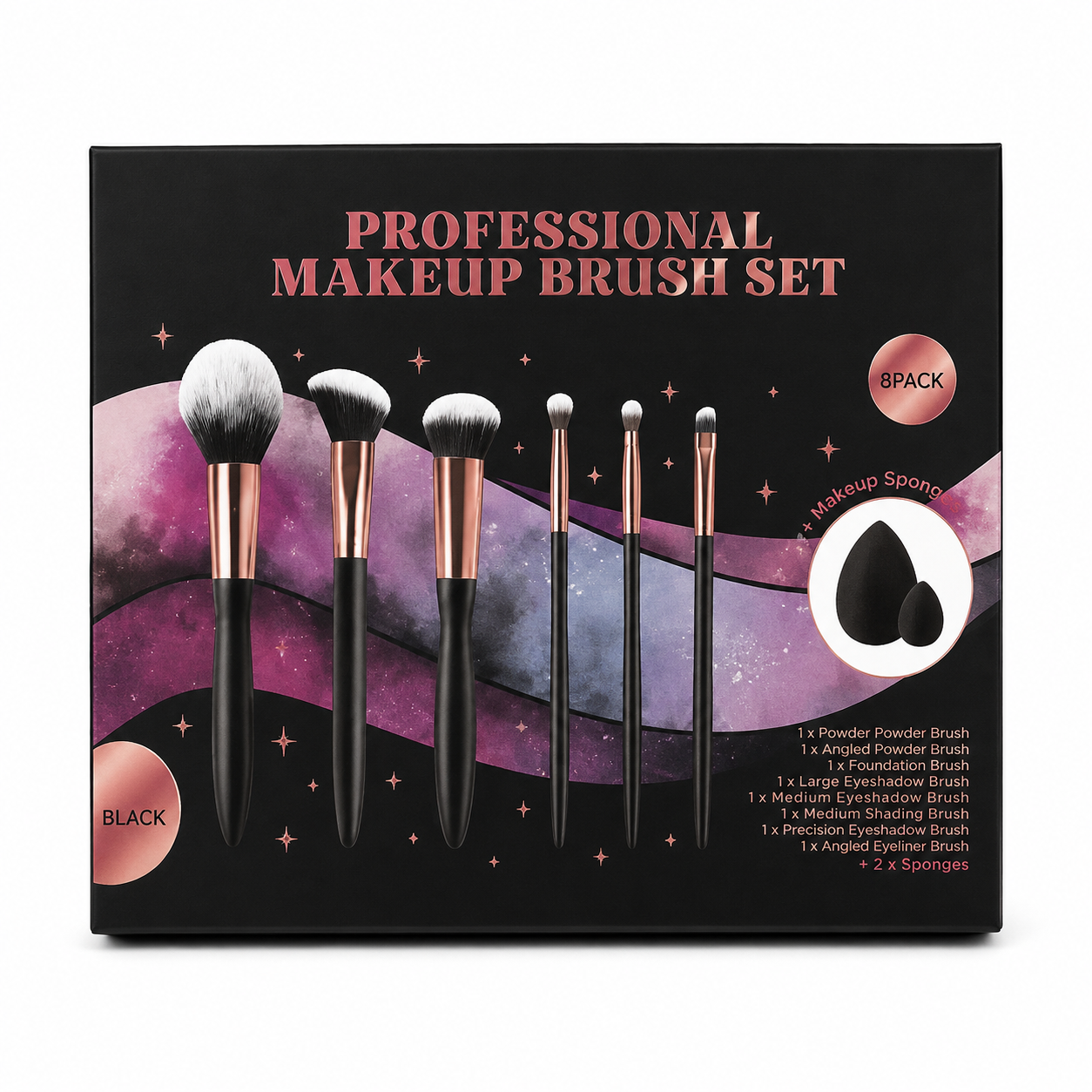 Black professional makeup brush set 8 pack